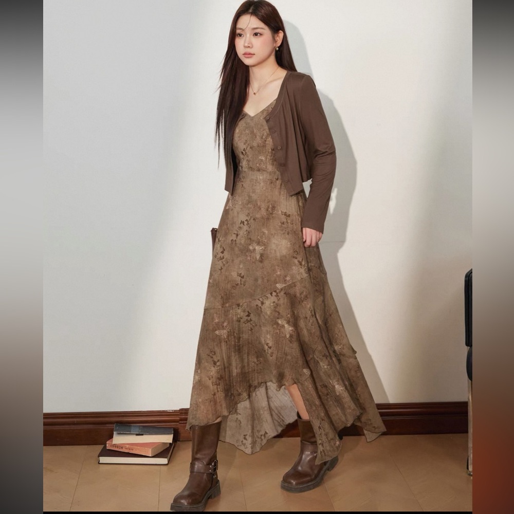 Brown Floral Women's dress with a cover up.